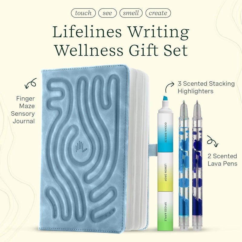 LifeLines Writing Wellness Gift Set - Scented Writing Set Includes Finger Maze Sensory Journal, 3 Scented Stacking Highlighters & 2 Lava Gel Pens - Aromatherapy & Sensory Immersion - Image 2